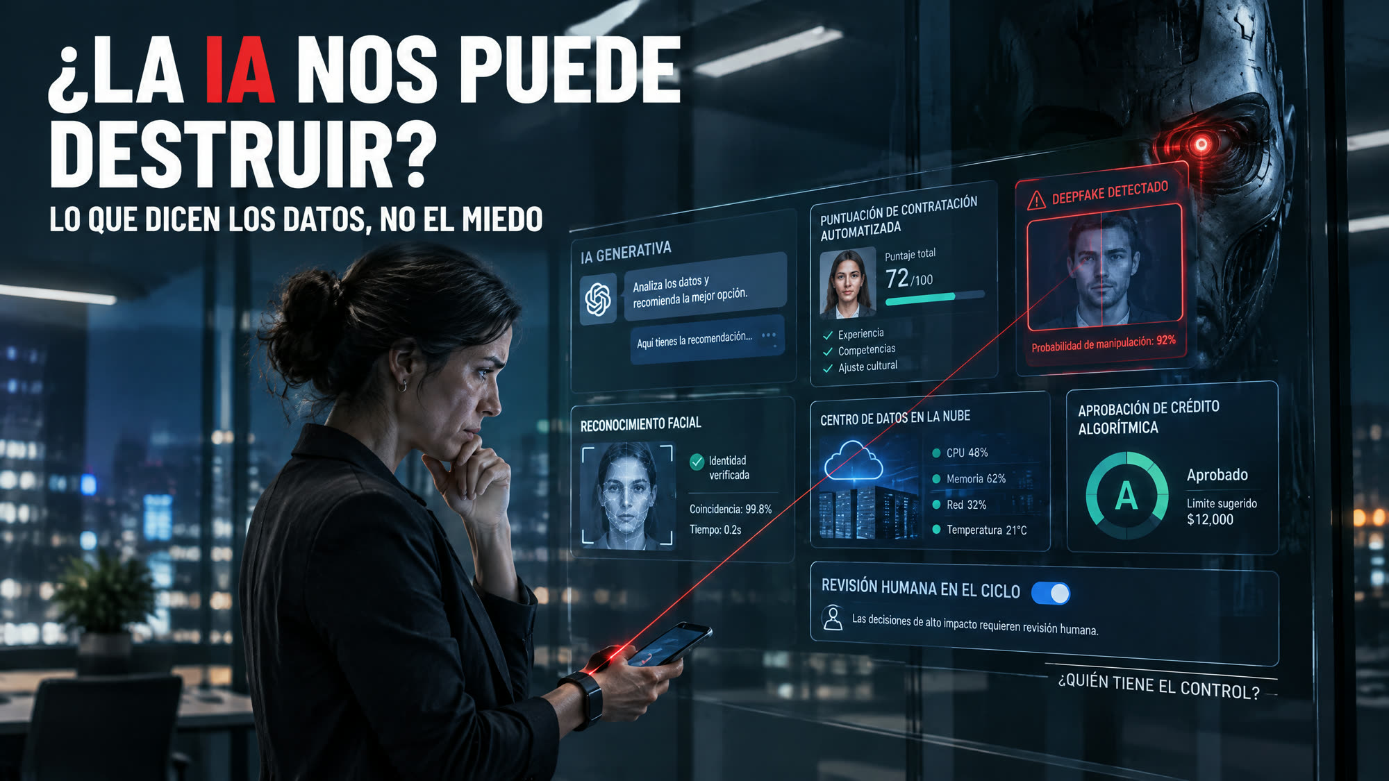 Mujer de negocios observando un panel de decisiones automatizadas por IA (contratación, crédito, reconocimiento facial, detección de deepfakes) junto a una figura robótica de fondo