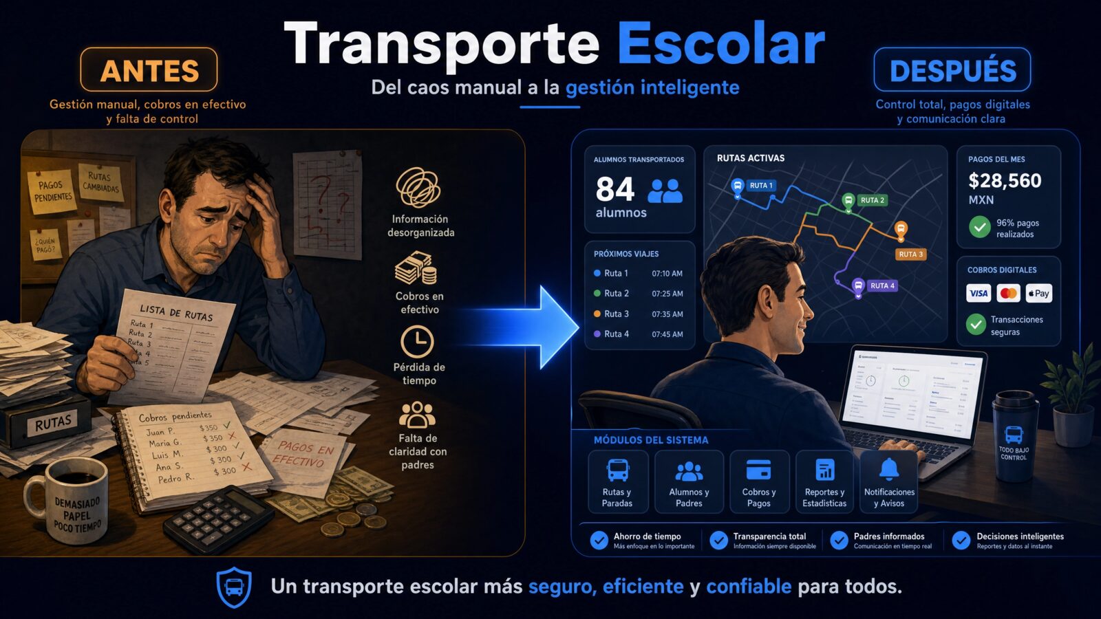 Transporte Escolar: 84 alumnos y cobros digitalizados con 11 módulos