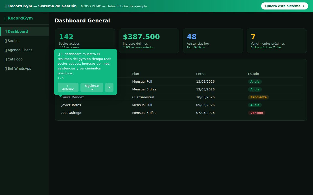 Dashboard de Record Gym con bot de WhatsApp
